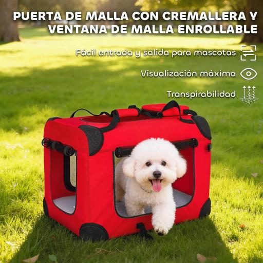 Transportín para Perros Plegable 60x41,5x41 cm con Ventanas de Malla Cojín Suave y 2 Asas para Mini Perros y Gatos Rojo [3]