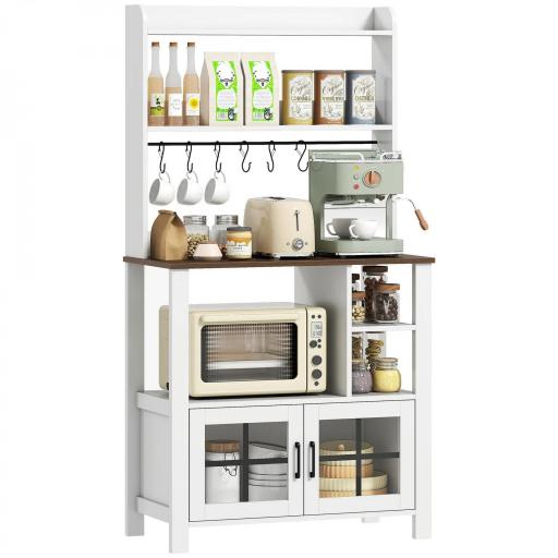 Alacena de Cocina con 6 Ganchos para Tazas 2 Puertas de Vidrio Estantes Abiertos 80x40x152 cm Blanco [9]