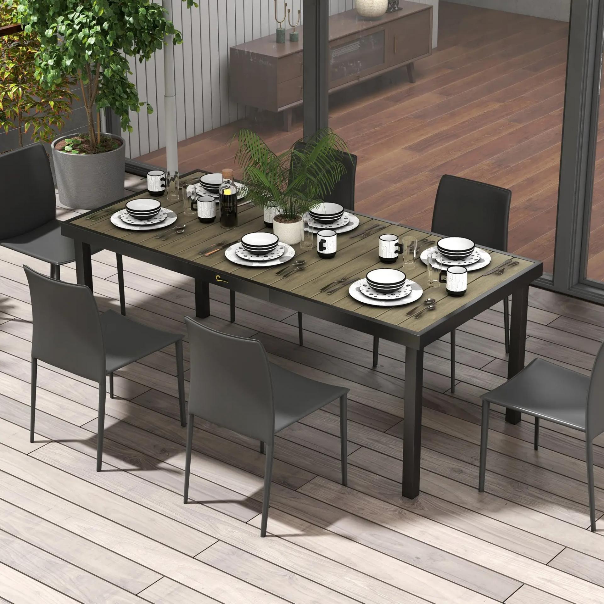 Mesa de Comedor Exterior 190x90x74 cm con Encimera de Listones y Estructura de Aluminio para Terraza Rústico y Negro