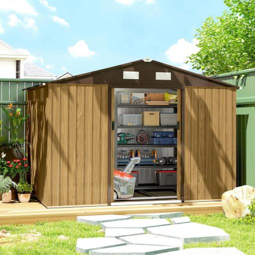 Cobertizo de Jardín Exterior 4,9 m² 277x195x192 cm con Puerta Corredera Ventilación y Kit de Fundación Marrón