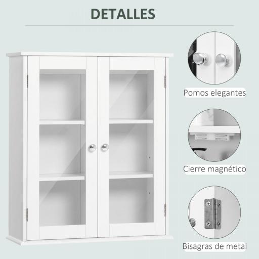 Armario de Pared Baño de 2 Puertas de Cristal Armario Colgante Multiusos para Cocina Salón con Estantes Interiores y Balda Ajustable 55x20x65 cm Blanco [9]