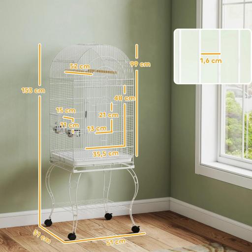 Jaula para Pájaros con Ruedas y Estante 51x51x153 cm con Parte Superior Abatible Comederos y Bandeja Extraíble Blanco [1]