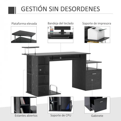 Mesa de Escritorio con 6 Estantes Cajón Bandeja de Teclado y Soportes para Monitor Impresora 152x60x88 cm Negro [4]