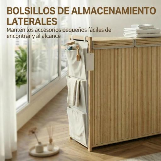 Cesto de Ropa Sucia de Bambú con Tapa 120L con 2 Bolsas con Cordón Extraíbles y Lavables Bolsillos Laterales Natural [4]