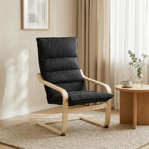 Sillón de Salón Moderno con Respaldo Alto Acolchado Patas de Madera y Tapizado en Terciopelo 67x83x105 cm Negro [0]