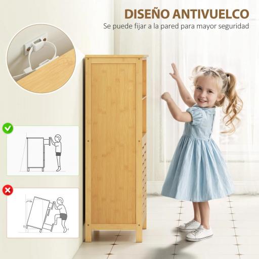 Mueble Auxiliar de Baño de Bambú Mueble de Baño con 2 Puertas 2 Estantes Abiertos y Patas Elevadas 50x29x92 cm Natural [4]