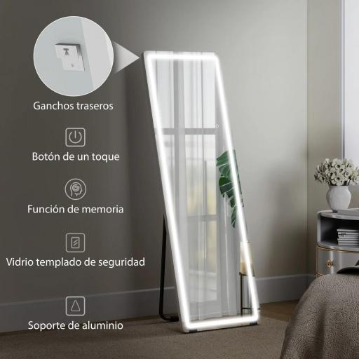 Espejo de Pie Cuerpo Entero con Luces 150x50 cm sin Marco 3 Temperaturas de Color Brillo Ajustable Transparente [2]
