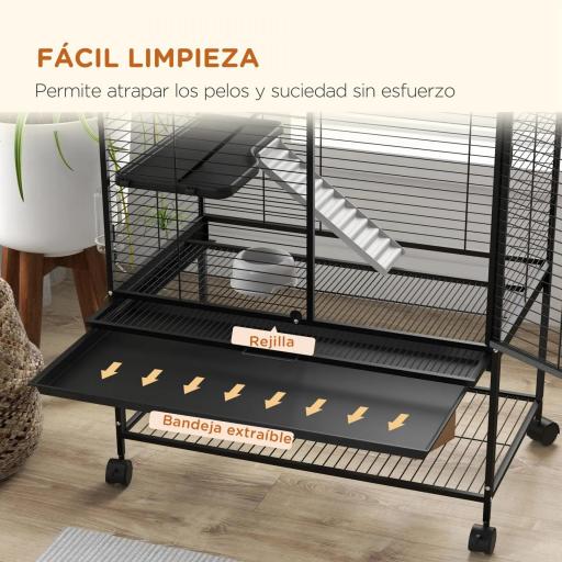 Jaula para Animales Pequeños de 4 Niveles con Ruedas Rampa Comedero Bebedero y Bandeja Extraíble 78x45,5x136 cm Negro [4]