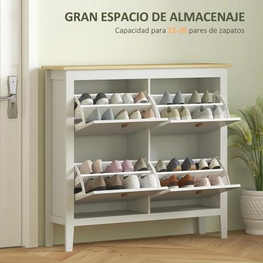 Zapatero Estrecho con 4 Compartimentos y Tiradores de Cuero PU para Pasillo y Recibidor 105x24x95,5 cm Blanco y Madera [2]