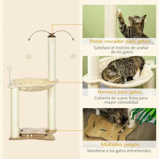 Árbol Rascador para Gatos con Hamaca Postes de Sisal Bolas Colgantes y Múltiples Juegos 53,5x53,5x90 cm Beige [3]