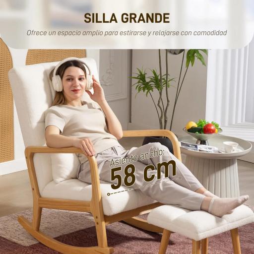 Silla Mecedora con Reposapiés Tapizado en Bouclé Cojín Acolchado y Reposabrazos y Patas de Madera Carga 120 kg Blanco [4]