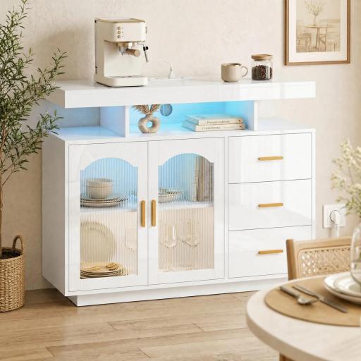 Aparador con LED RGB de 7 Colores Tomas Puertos USB 3 Cajones Estantes Abiertos 2 Puertas 100x35x80 cm Blanco Brillante [0]