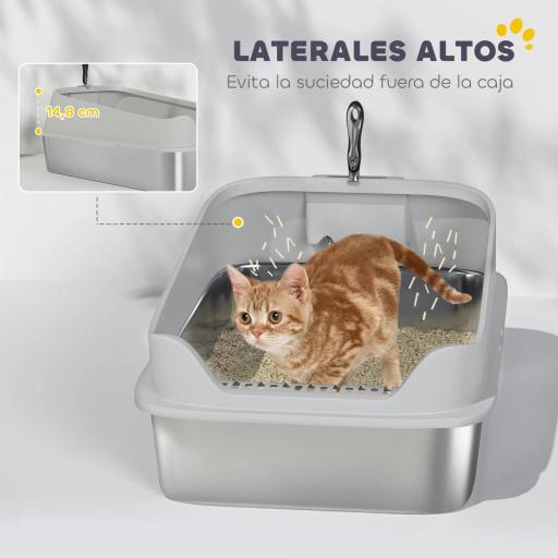 Arenero para Gatos de Acero Inoxidable XXL con Borde Alto Pala Fácil de Limpiar Prueba de Fugas 70x50x30 cm Gris [6]