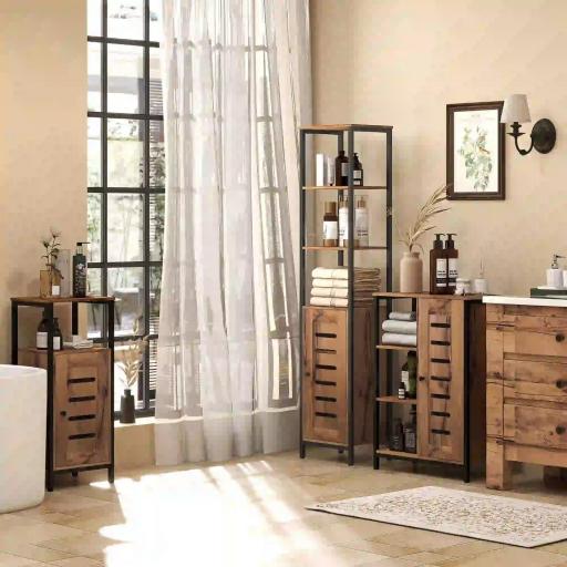Columna de Baño Estrecha con Puerta de Lamas Estantes Ajustables Compartimentos Abiertos 37x30x167 cm Marrón Rústico [2]