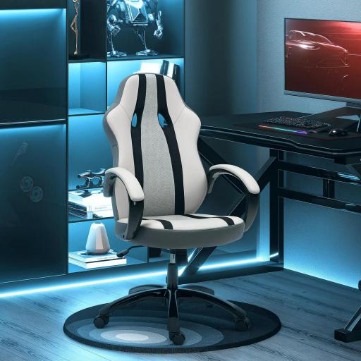  Silla Gaming Tapizada en PU y Malla Silla Gamer Giratoria con Función de Basculante Altura Ajustable Gris