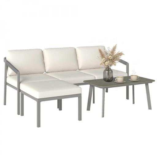 Conjunto de Jardín Exterior de 3 Piezas con Sofá de 3 Plazas Reposapiés Mesa de Centro y Cojines Marrón y Beige [8]