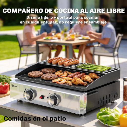 Barbacoa de Gas con 2 Quemadores 5 kW Barbacoa Portátil con Plancha Rejilla Calentadora y Recogedor Grasa Negro [6]