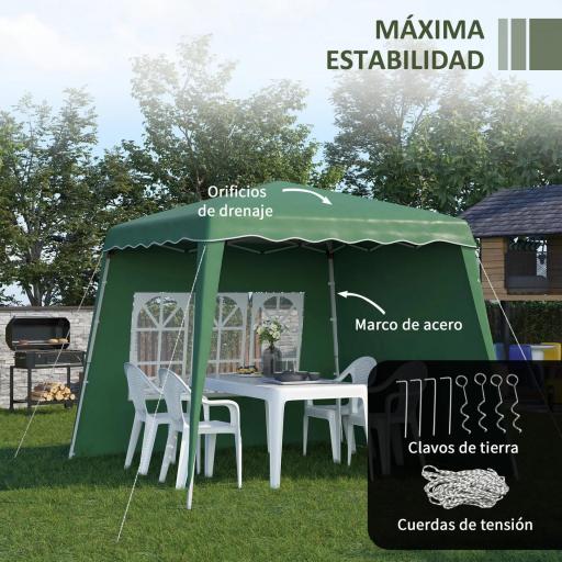 Carpa Plegable con 2 Paredes Laterales 2,89x2,89m Cenador Pabellón de Jardín con Altura Ajustable Protección UV50+ Verde [4]