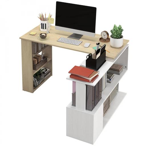 Escritorio en L con Estantería Mesa de Escritorio con Estantes para Oficina Estudio 120x110x74,5 cm Natural y Blanco [9]