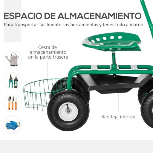 Asiento de Jardín con Ruedas Asiento Giratorio y Ajustable en Altura Bandeja de Herramientas Cesta para Exterior Verde [2]