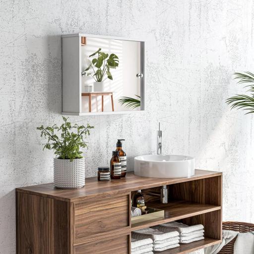 Armario con Espejo de Pared con Estante Ajustable y Puerta Corredera Doble para Lavabo 55x15x45 cm Blanco Brillante [9]