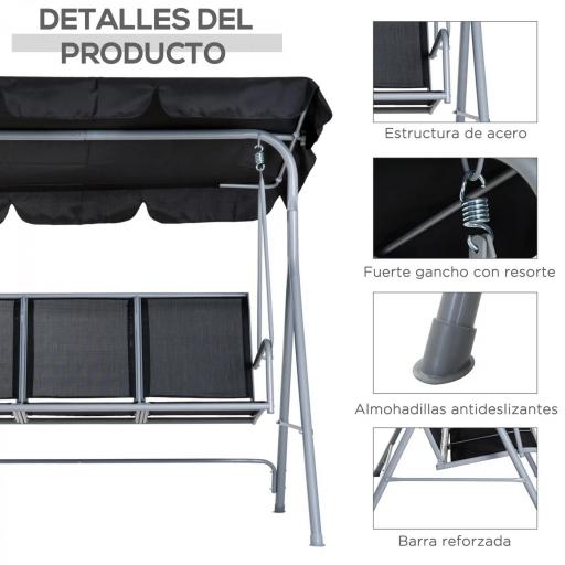 Columpio Jardín Exterior Balancín Jardín Exterior de 3 Plazas con Toldo Ajustable Respaldo Transpirable y Marco de Metal para Terraza Balcón Carga 240 kg 171x108x150 cm Negro [3]