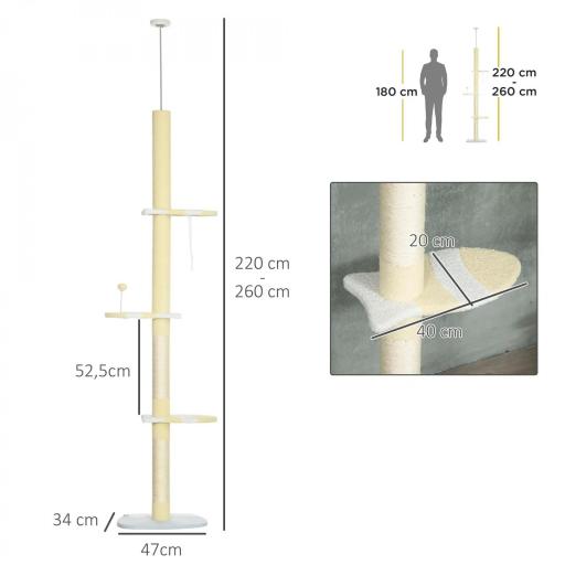 Árbol para Gatos de Suelo a Techo con Altura Ajustable Poste de Sisal y Bola para Jugar 47x34x220-260 cm Crema [1]