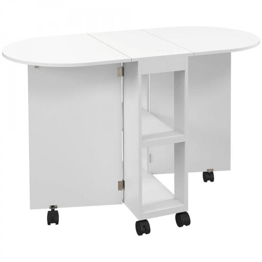 Mesa de Comedor Plegable con Ruedas Mesa de Cocina con Alas Abatibles y 2 Estantes Abiertos 120x60x77 cm Blanco [9]