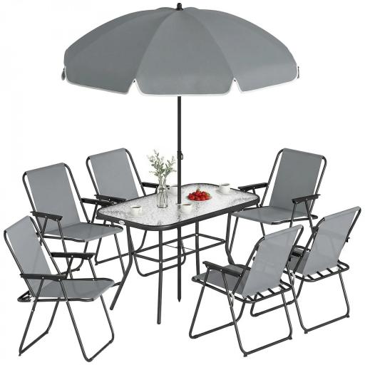 Conjunto de Mesa y Sillas Jardín de 8 Piezas con Sombrilla 6 Sillas Plegables Mesa de Vidrio Templado Gris [9]