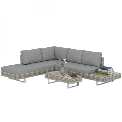 Conjunto de Jardín Exterior de Ratán de 3 Piezas con Sofá Modular de 3 y 2 Plazas Mesa Lateral Mesa de Centro Cojines [9]