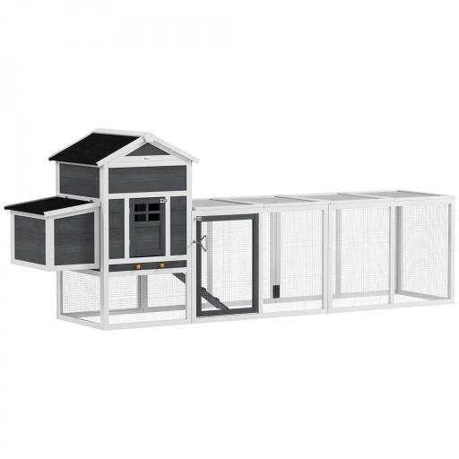 Gallinero de Madera Grande para 3-6 Gallinas con Techo Asfáltico Nido y Bandeja Extraíble 297,5x68x118 cm Blanco y Gris [9]