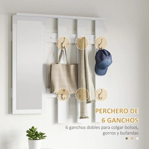 Recibidor con Espejo Perchero y Zapatero Muebles de Entrada con 6 Ganchos y Estantes para 8 Pares de Zapatos Blanco [5]
