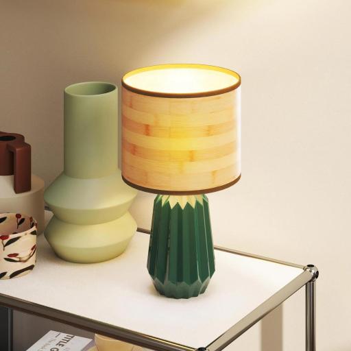 Lámpara de Mesa con Base de Cerámica y Pantalla de Lino Estilo Retro para Dormitorio 40W Verde y Madera Natural [4]