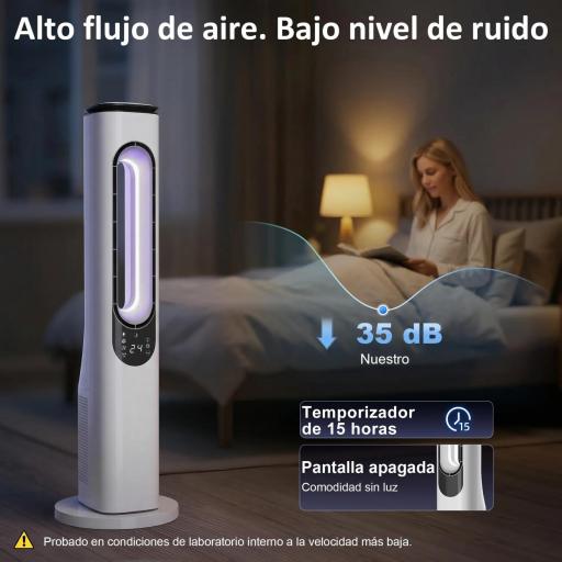 Ventilador de Torre sin Aspas con Luces LED Control Remoto 3 Velocidades 3 Modos Temporizador 15H Oscilación 50° Blanco [3]