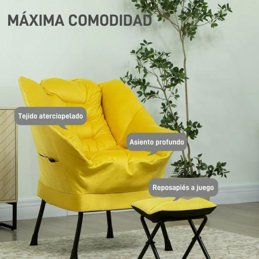 Sillón de Salón con Otomana Sillón de Relax con Bolsillos Laterales y Patas de Acero para Sala de Estar Dormitorio Amarillo [2]