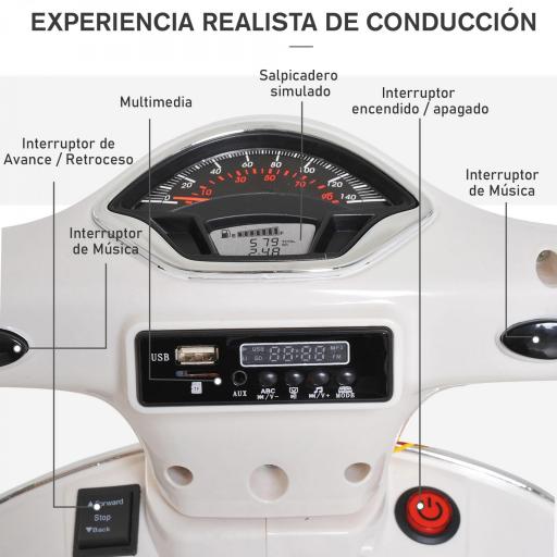 Moto Eléctrica para Niños de 3-6 Años con Licencia VESPA Moto de Batería para Niños con Música Velocidad 2-3 km/h y Bocina Carga 25 kg Blanco [5]