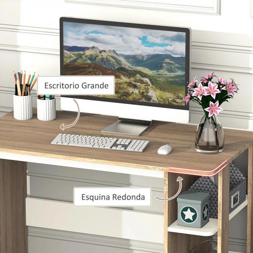 Mesa de Escritorio 2 en 1 con Estante de 3 Niveles Gran Superficie Espacio Almacenaje Amplio Mesa de Oficina Dormitorio Estudio 100x55x74 cm Madera [4]