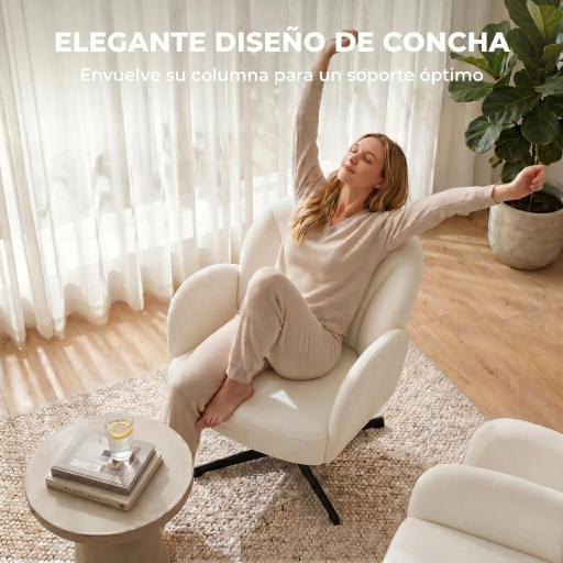 Sillón de Salón Giratorio Butaca de Salón Tapizada Terciopelo con Respaldo en Forma de Concha Cojín con Resortes Crema [3]