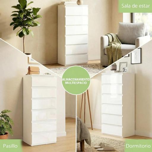 Cómoda de Dormitorio con 6 Cajones Estrecha Sinfonier Ahorro Espacio 40x35x109 cm Blanco Brillo [2]