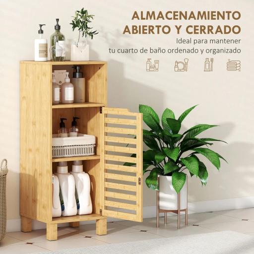 Mueble Auxiliar de Baño Estrecho con Puerta de Lamas Balda Abierto Estante Ajustable 30x30x80 cm Natural [5]