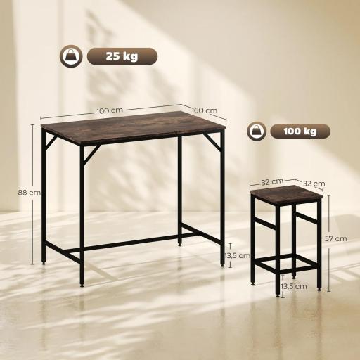 Mesa Alta de Cocina con 4 Taburetes Industrial Reposapiés Ahorro de Espacio para Espacios Reducidos Marrón Rústico [1]