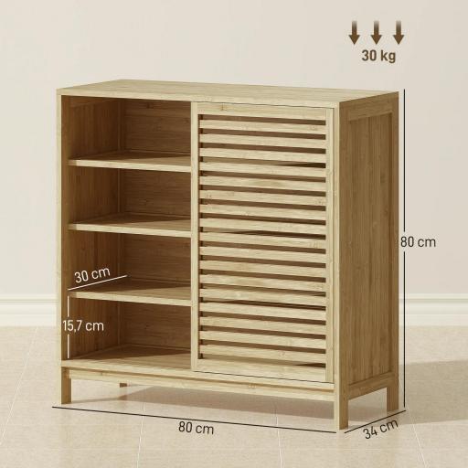 Armario de Baño de Bambú con 2 Puertas Correderas Diseño de Lamas 4 Estantes Mueble Auxiliar de Baño 80x34x80 cm Natural [1]