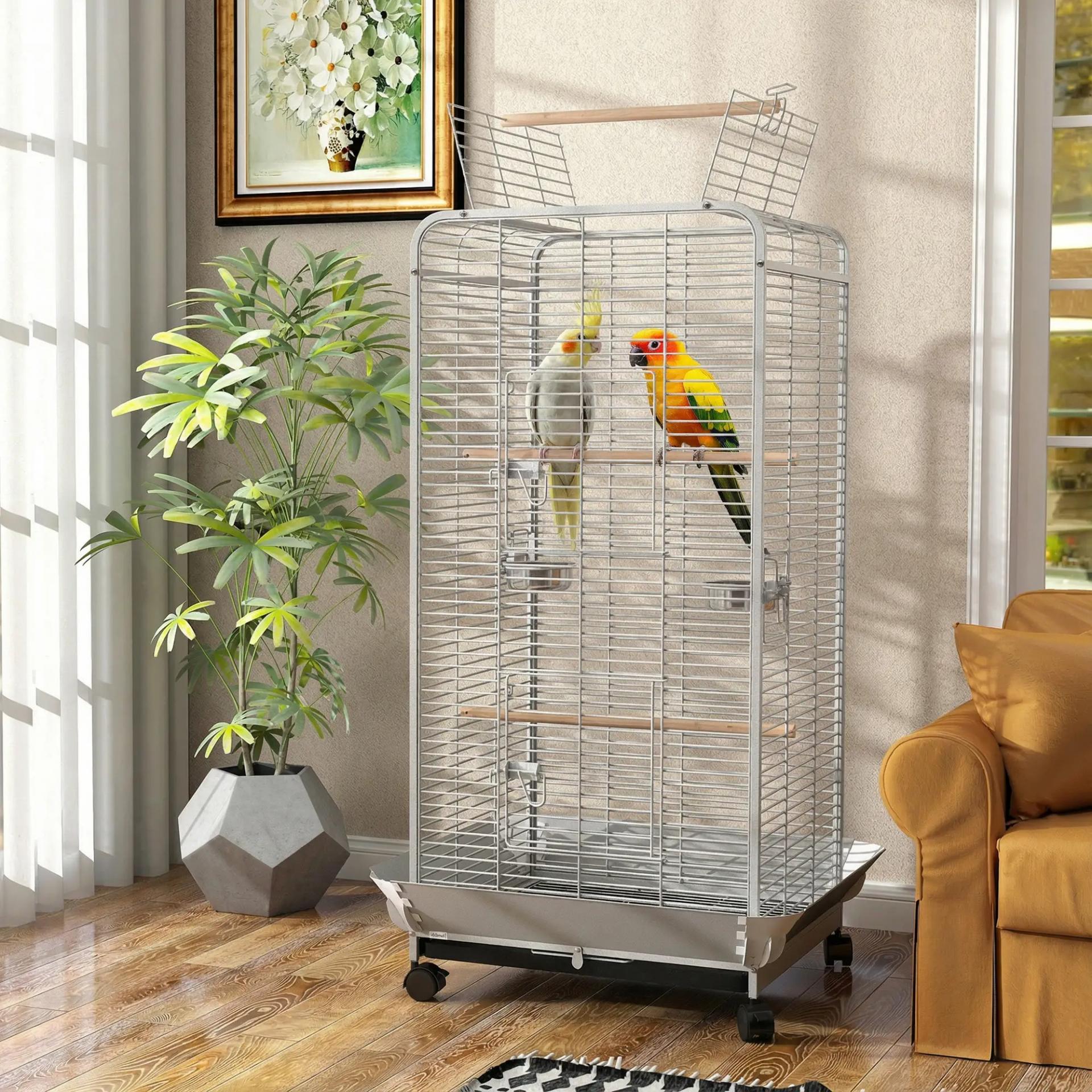 Jaula para Loros con Ruedas Perchas Comederos y Bandeja Extraíble Pajarera para Cacatúas Cotorras 79x73x146cm Gris Claro