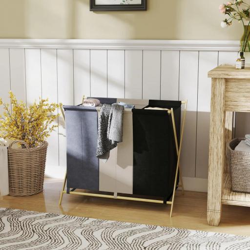 Cesto para Ropa Sucia Plegable con 3 Compartimentos Capacidad 129L con Marco de Bambú y Bolsas Extraíbles Multicolor