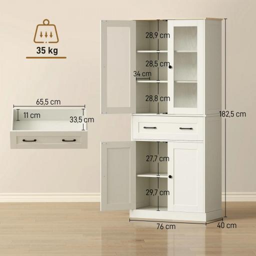 Mueble Auxiliar de Cocina con 2 Puertas de Acrílico Cajón Grande Estantes Ajustables 76x40x182,5 cm Crema [1]