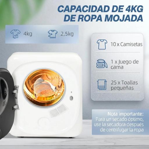 Secadora de Evacuación 2,5 kg 800W con Pantalla Táctil Control de Tiempo y Temperatura Función Antiarrugas Blanco [5]