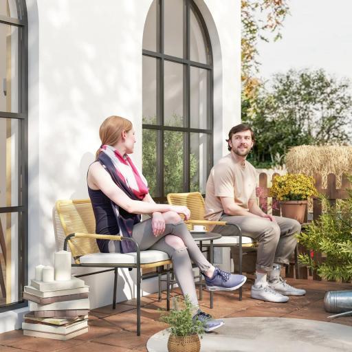 Conjunto de Muebles de Jardín de Ratán Sintético con 2 Sillas con Cojines Extraíbles y Mesa con Tablero de Metal Natural [5]