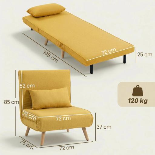 Sofá Cama Individual Plegable con Respaldo Ajustable 5 Posiciones Sillón Cama Tapizado con Cojín 72x75x85 cm Amarillo [1]