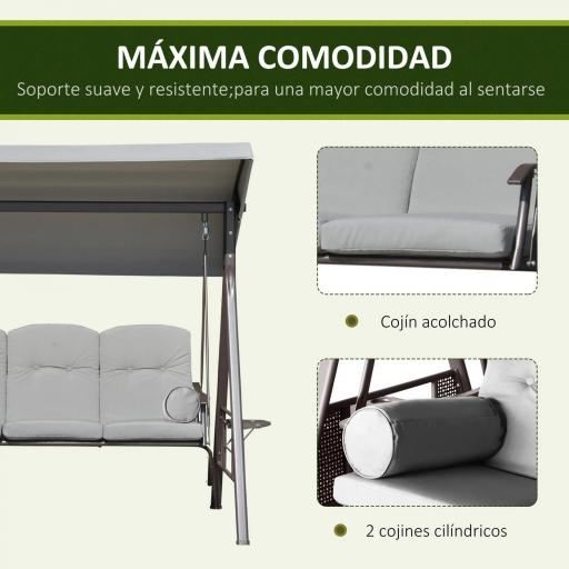 Columpio de Jardín de 3 Plazas con Estructura Metálica Toldo y Bandeja para Bebidas para Exterior 116x206x183 cm Gris [5]
