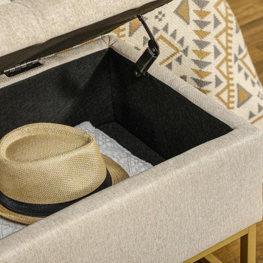 Banqueta con Almacenamiento Banco Rectangular Tapizado en Lino con Tapa Abatible y Patas de Acero 110x44x48 cm Beige [5]